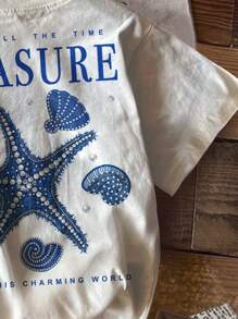 Tween Girl Casual Stylish Starfish, Seahorse, Shell, Seashell Graphic Tee With "STUNNING ALL THE TIME TREASURE REVEL IN THIS CHARMING WORLD" Text And Pearl Decor Print On Back, Short Sleeve Crew Neck T-Shirt, Suitable For Summer