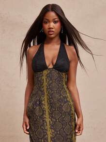 NYA SZN Robe longue fendue satin imprimé peau de serpent, décolleté plongeant, style ras-du-cou. Robe d'été pour événements spéciaux, vacances, mariages, invités, soirées occidentales et concerts pour femmes