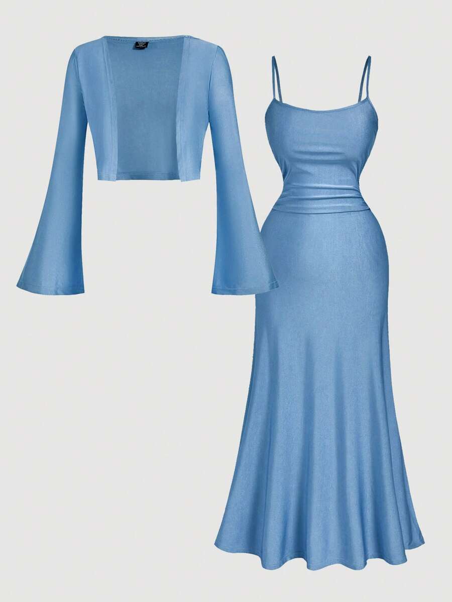 SHEIN MOD Conjunto de 2 piezas de talla grande en azul, compuesto por cárdigan y vestido midi para mujer - Azul - Ver 1