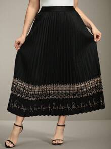 Flouryn Plus Size Women's Black Pleated Pattern Elastic Waist Casual Skirt For Outdoor, Commute, Work Maxi Fall Cloth For Women - Multicolor - View 5