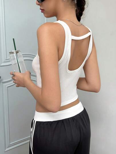 SHEIN Teens Girls Fitted Casual Minimalist Comfy Back Hollow Solid Color Versatile Tank Top