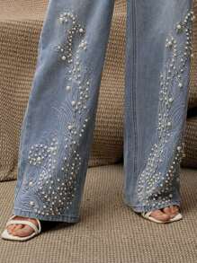 Anewsta 女士高腰时尚水钻珍珠装饰宽松阔腿直筒牛仔裤 - 藍色 - 查看 3