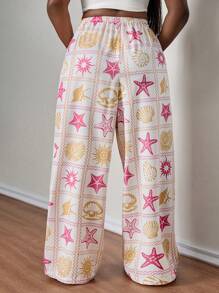 SHEIN PETITE CURVE Pantalones rectos casuales con estampado de vida marina para mujer de talla grande, ropa de mujer, ropa de verano, pantalones de playa para mujer, ropa de verano, adecuado para personas de estatura talla grande baja - Multicolor - Ver 2