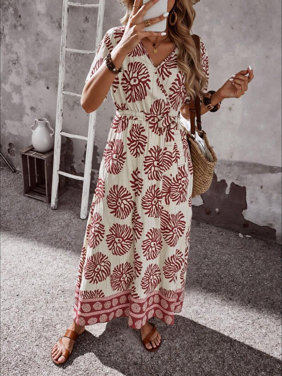 EMERY ROSE Women's Allover Print Vacation Casual Dress - Red - View 1