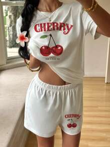 SHEIN EZwear 2pcs/Set Women Casual Cherry Print Design Short Sleeve Top And Shorts Set, Summer Graphic Tee Suitable For Going Out