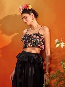 Frida Kahlo X SHEIN X Designer Oxana 黑色花卉印花荷叶边修身短款吊带背心，女款夏季假日
