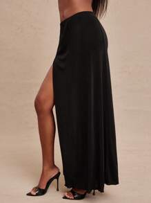 NYA SZN Einfarbiger, grundlegender Mini-Schlitz-Maxirock, Büro-Lässig, Brunch, Herbst