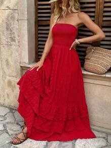 Breezaya Women's Elegant Boho Strapless Bubble Dress Holiday Beach Red Summer - Red - View 5