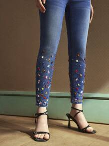 SHEIN BAE 女士牛仔裤，Selenza 十二生肖系列 - 五月诞生石：祖母绿，工艺系列，优雅通勤与休闲，高贵，健康，治愈，鼓舞人心，团结和同理心 - 藍色 - 查看 5