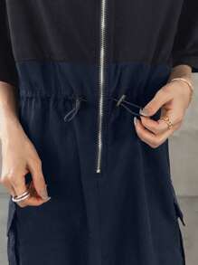 FRIFUL Robe longue à manches courtes pour femmes avec fermeture éclair métallique, volants superposés et patchwork. Vêtement d'été pour le travail. Vêtements d'été pour femmes. Vêtements d'été pour femmes de grande taille. Vêtements d'été formels pour femmes - Bleu marine - Voir 5