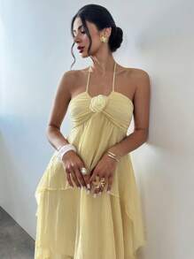 Firerie 女士优雅浪漫3D花卉褶饰黄色蛋糕中长连衣裙 - 黃色 - 查看 5