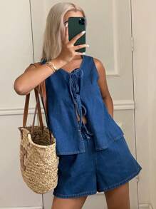 DAZY Conjunto de 2 piezas para mujer de top sin mangas de cuello redondo con cordón y shorts vaqueros casuales sueltos de verano