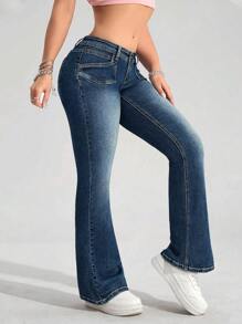 SHEIN EZwear 大码女式时尚水洗喇叭牛仔裤 - 深色水洗藍 - 查看 6