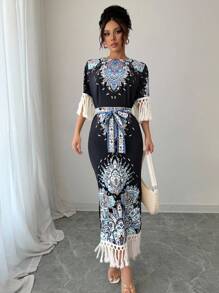 Chiquease Round Neck Slit Hem Side Slit Printed Long Dress For Women - Black - View 3