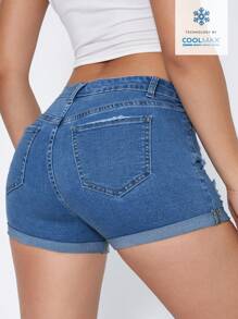 Jeanoix Shorts vaqueros de mujer de ajuste ceñido y casual con puños y botones