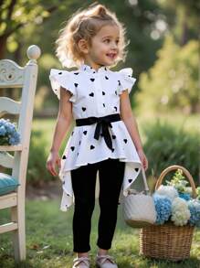 SHEIN Young Girl Heart Printed High Low Shirt With Leggings Set