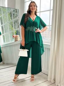 SHEIN Clasi Plus Size Elegant Floral Embroidered Shirt And Pants 2 Pieces Set, Summer - Dark Green - View 5