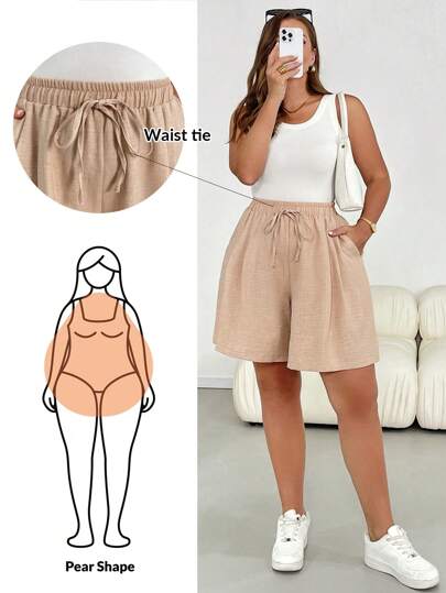 SHEIN Essnce Plus Size Women Spring And Summer Fashion Casual Loose And Comfortable Basic Daily Versatile Slim Elastic Waist Khaki Shorts, Simple Style,Going Out,Baggy Pants,European Summer,Airport,Boho,Vacation, Old Money Style,Comfy Shorts,Flowy Shorts,Bermuda Shorts