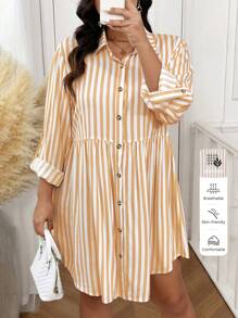 SHEIN Frenchy Plus Size Women's Autumn Long-Sleeved Dress, Casual And Home, Versatile, Comfortable, Shirt-Style Button-Down, Striped Print Long-Sleeved Dress - Yellow - View 1