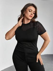 SHEIN Privé Plus Size Mesh & Glitter Patchwork Slim Fit T-Shirt - Black - View 4