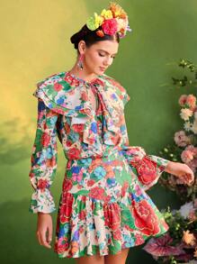 Redefinition Frida Kahlo X SHEIN X Designer بلوزة نسائية بطبعات زهور ذات أكمام بيشوب طويلة ورقبة مكشكشة وأزرار للصيف والعطلات والأجازات - متعدد الألوان - مشاهدة 1