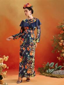 Frida Kahlo X SHEIN X Designer Oxana Floral Print Maxi Dress A-Line Long Puffy Sleeves For Women Summer Vacation Holiday Elegant - Multicolor - View 3