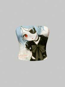 ROMWE Anime Camiseta de tirantes blanca para mujer con estampado de niña linda de dibujos animados - Azul - Ver 1