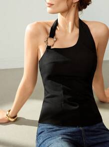 Uhlyne Women's Solid Color Metal Ring Decor Halter Neck Summer Waist Top, Elegant & Sexy