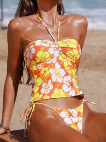 Swim Mod Bộ đồ bơi 2 mảnh cổ chữ V in hoa không tay và quần short buộc dây cho ngày lễ thường ngày đi biển dành cho nữ - Nhiều màu - Xem 1