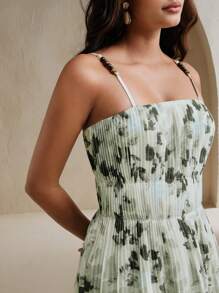 Anewsta French Countryside Plant Printed Wood Bead Strap Dress