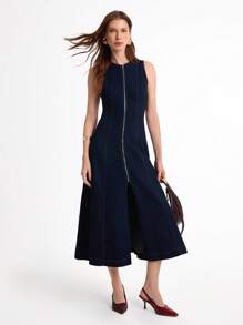 Daynim 女式无袖圆领喇叭牛仔连衣裙