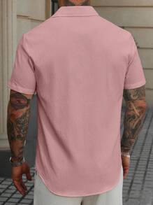 Manfinity Homme Men's Pink Checkered Summer Casual Vacation Button Up Shirt,100 Percent Cotton Textured Short Sleeve Loose Simple Button Down Shirt,Gift For Husband, Formal - Pink - View 2