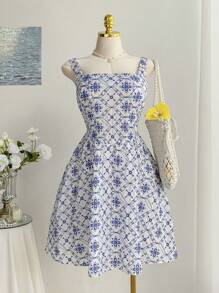 SHEIN EZwear Plus Size Vacation All-Over Print Square Neck Sleeveless Casual Dress - Blue - View 3