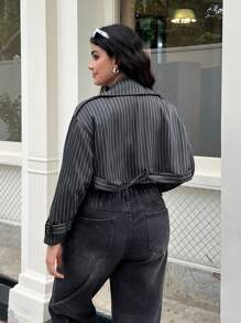 SHEIN EZwear 大码女式灰色条纹休闲风衣，教师秋冬季 - 灰色 - 查看 2