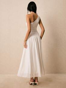 Poéselle Women Elegant Solid Color One Shoulder Contrast Lace White Sleeveless Dress - Apricot - View 2