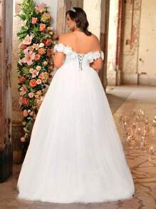 Glamrae 加大码优雅奢华 3D 花卉露肩缎面网眼拼布泡泡袖连衣裙，适合婚礼、派对、度假、舞会 - 白色 - 查看 3