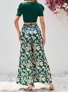 Ellevyn 女士純色短袖擴袖T卹和綠色花卉印花褲裝套裝