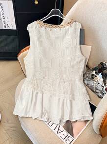SHEIN LUNE Áo kiểu dáng thanh lịch mùa hè đi chơi vải jacquard trắng xếp chồng ruy băng sequin không tay cỡ lớn - trắng - Xem 2