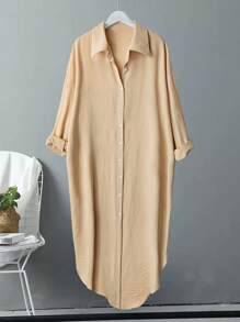 Linhara Áo sơ mi tay lỡ cài nút đơn giản rộng rãi cỡ lớn dành cho nữ - Màu Khaki - Xem 1