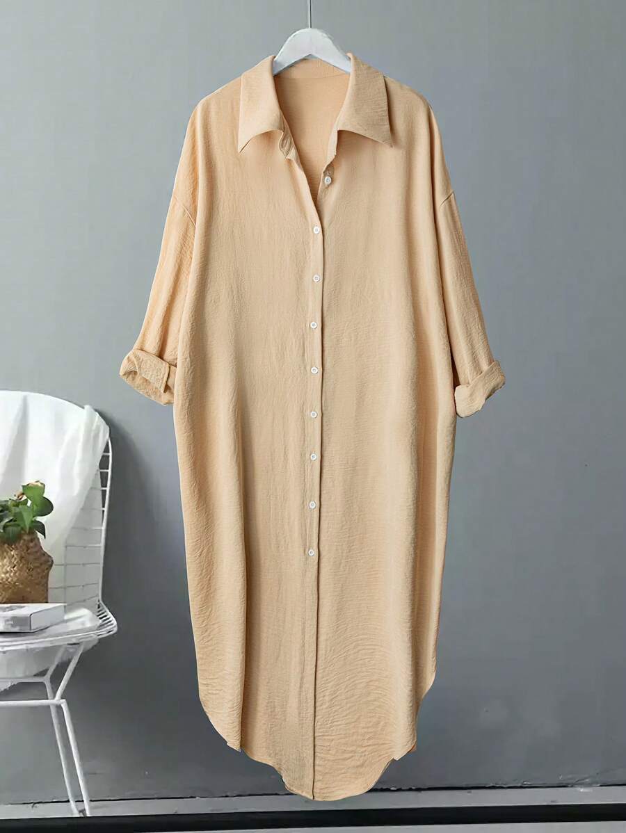 Linhara Áo sơ mi tay lỡ cài nút đơn giản rộng rãi cỡ lớn dành cho nữ - Màu Khaki - Xem 1