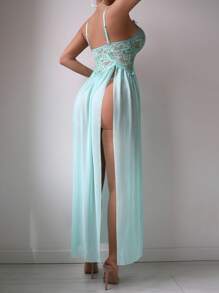 SHEIN 2pcs/Set Women Lace Mesh Sexy Sleepwear Set (Wireless Bra & G-String) - Green - View 2