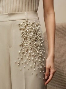 Anewsta Quần xếp ly thời trang hiện đại đính ngọc trai cho nữ có túi thanh lịch - Kem - Xem 2