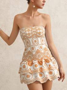 Aveloria Rosie New Chic Vacation Sexy Women Fashion Refreshing Seaside Minimalist Rivet Embroidered Totem Strapless Double Ruffle Hem Fitted Waist Short Dress