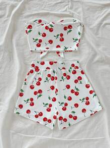 Soleia 2 件女式樱桃印花露肩背心和短裤套装，度假装樱桃服装樱桃装夏季两件套 - 紅白色 - 查看 2