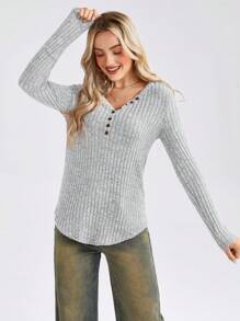 SHEIN LUNE Button Detail Ribbed Knit Tee - Grey - View 6
