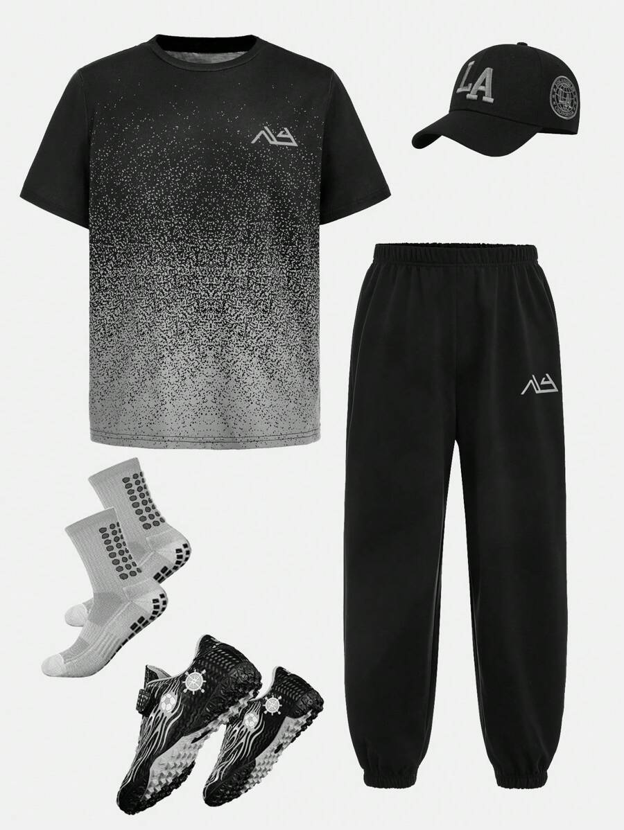 SHEIN 2pcs/Set Tween Boys' Graphic Print Crew Neck Short Sleeve T-Shirt And Drawstring Pants Sports Casual Outfit - Grey - View 1