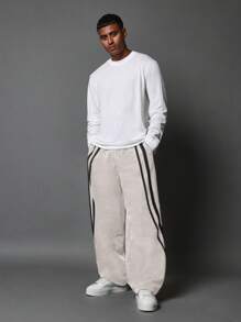 SUMWON Quần ống rộng dáng rộng có sọc đua phong cách đường phố rộng thùng thình thoải mái thường ngày thu đông thời trang cao cấp giải trí thể thao phong cách - Màu be - Xem 3