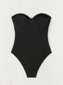 Summer Solid Color Backless Double Tunnel Drawstring Neck One Piece Swimsuit - Black - View 4
