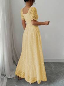 Modelyn 女士优雅甜美泡泡袖提花面料喇叭裙，夏季时尚风格 - 黃色 - 查看 2