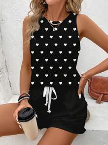 SHEIN LUNE 2 件套女士休闲心形图案圆领吊带背心和短裤套装，适合夏季